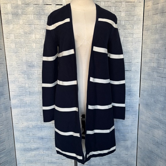 Talbots Sweaters - Talbots XS Navy White Striped Open Front Longline Cardigan Button Cuff Ribbed